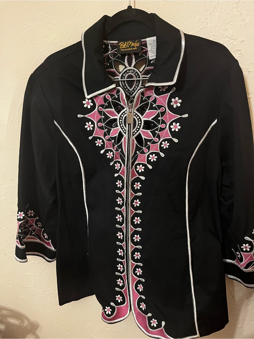 Bob Mackie Wearable Art Vintage Black Jacket with Pink and White Embroidery